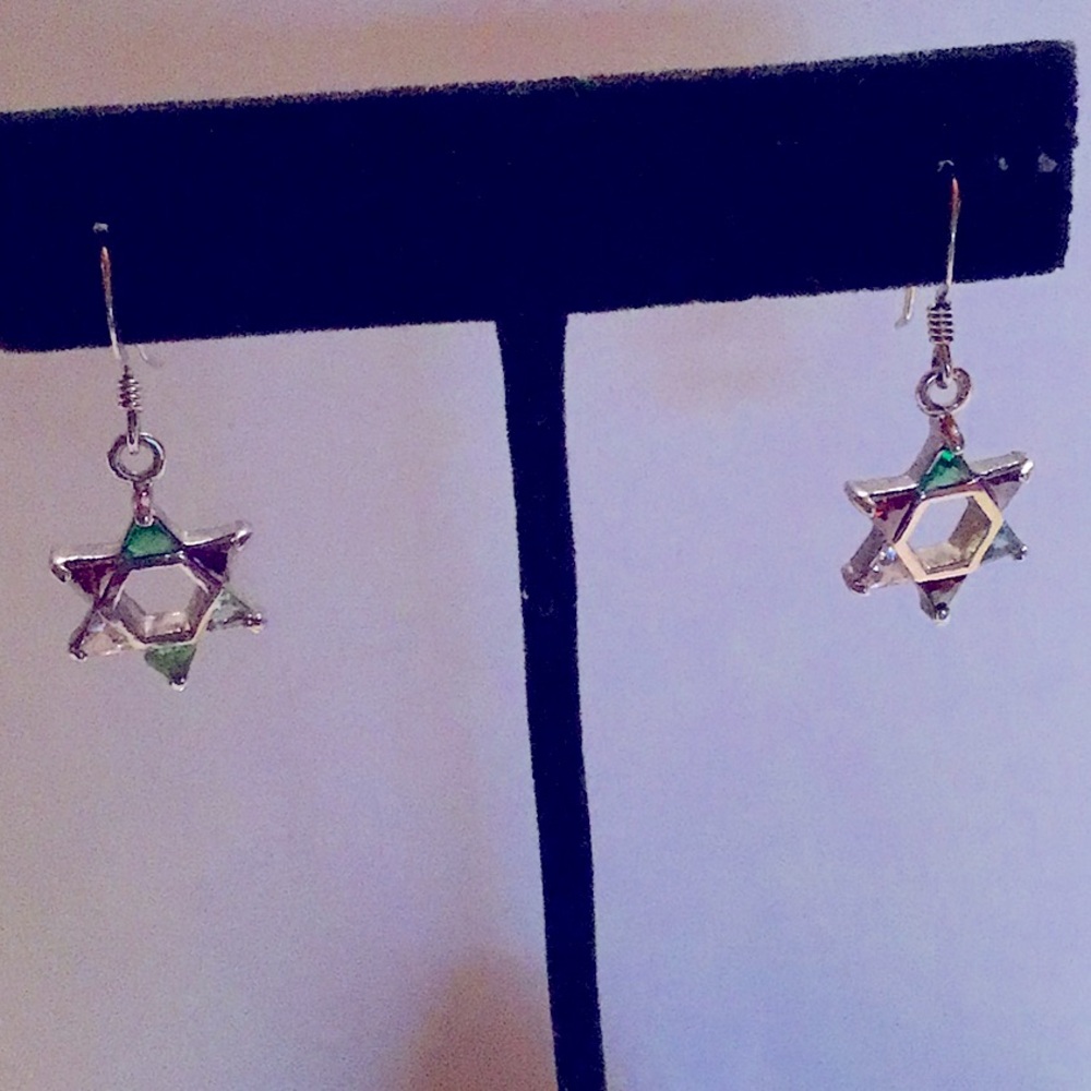 New Sterling Silver Dangle Multi colored Star of David Earrings Shepherds hook